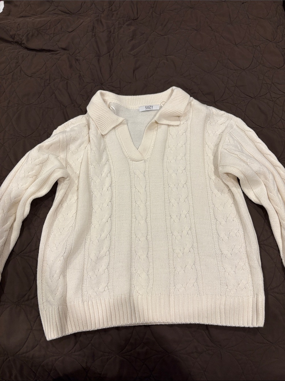 Suzy Shier Cream Cable Knit V-Neck Polo Sweater
